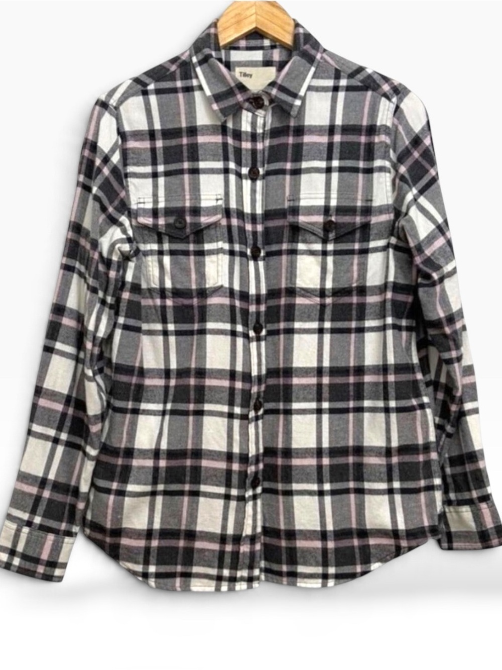 Tilley Flanel plaid shirt 100% cotton pink black ecru white small overshirt S